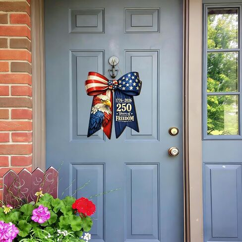 American Flag Eagle Bow Door Decor, 250 Years of Freedom Door Wreath, 1776-2026 250th Anniversary 4th of July Door Sign, Patriotic Wooden Hanging Sign, Independence Day Decor for Front Door Porch in Saudi Arabia