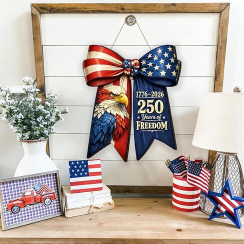 American Flag Eagle Bow Door Decor, 250 Years of Freedom Door Wreath, 1776-2026 250th Anniversary 4th of July Door Sign, Patriotic Wooden Hanging Sign, Independence Day Decor for Front Door Porch in Saudi Arabia