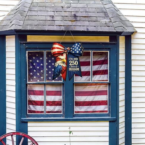 American Flag Eagle Bow Door Decor, 250 Years of Freedom Door Wreath, 1776-2026 250th Anniversary 4th of July Door Sign, Patriotic Wooden Hanging Sign, Independence Day Decor for Front Door Porch in Saudi Arabia