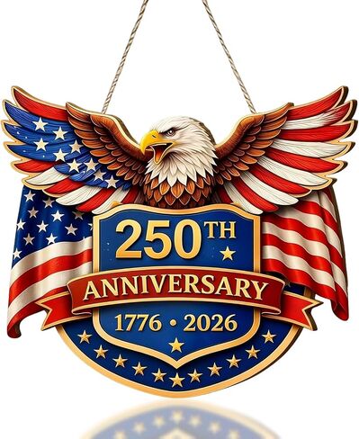 American Flag Eagle Bow Door Decor, 250 Years of Freedom Door Wreath, 1776-2026 250th Anniversary 4th of July Door Sign, Patriotic Wooden Hanging Sign, Independence Day Decor for Front Door Porch in Saudi Arabia