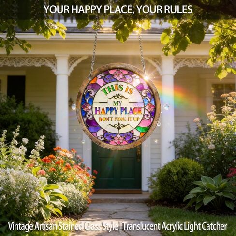 "This Is My Happy Place Don't F It Up" Sign, 11.5 Inch Acrylic Wall Decor, Vibrant Colors Round Garden Sign for Home, Garden, Bar, Farm, Coffee Shop Decor in Saudi Arabia