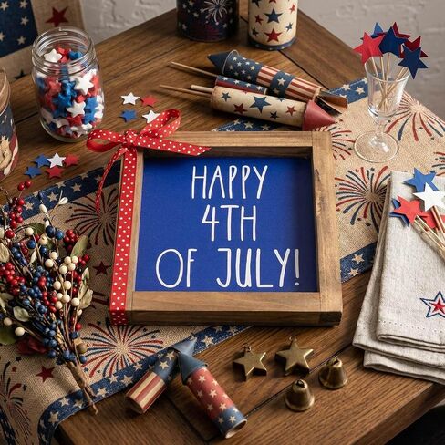 Happy 4th of July Sign, Wooden Patriotic America 250th Anniversary Decor, Red White Blue Americana Independence Day Indoor Home Office Table Wall Shelf Desk Tiered Tray Decorations in Saudi Arabia