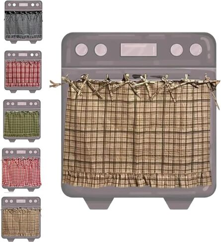 Oven Curtain, Handmade Oven Skirt Farmhouse Kitchen DéCor, Heat-Resistant Cotton, Ribbon Ties Ruffled Trim (Red A) in Saudi Arabia