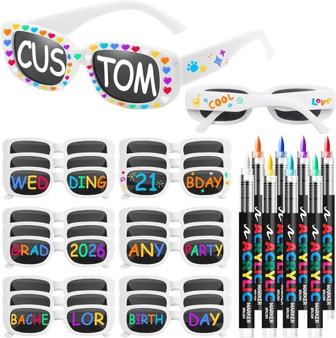 Matcheck Personalized Rectangle Sunglasses with Marker Pens for Adults DIY Custom Glasses Birthday Wedding Supplies in Kuwait
