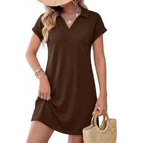 Womens Summer Mini Dresses Casual Short Sleeve Split Collared V Neck Loose Beach Vacation Dress with Pockets in Saudi Arabia