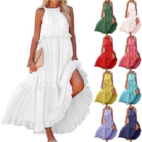 Maxi Dresses for Women Summer Sleeveless Halter Neck Long Dress Smocked Tiered Loose Flowy Vacation Beach Sundresses in Kuwait