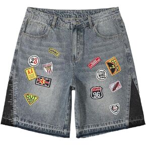 VIPWOLF Men's Vintage Graphic Jean Shorts Letter Patched Fringe Denim Bermuda Shorts Streetwear Jorts in Saudi Arabia