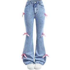 Girls Jeans Flare Bell Bottom Bow Jeans for Teens High Waist Cute Y2K Tween Denim Pants Stretch Trousers 7-16Y in Saudi Arabia