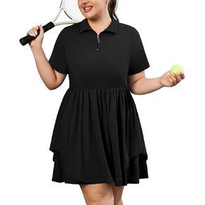 Womens Plus Size Tennis Dress with Shorts 1/4 Zip Up Short Sleeve Double Layered Hem Athletic Dress Golf Apparel in Saudi Arabia