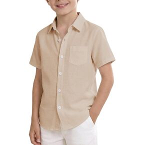 Boys' Cotton Linen Shirts Short Sleeve Casual Button Down Shirts Beach Summer Wear in Kuwait