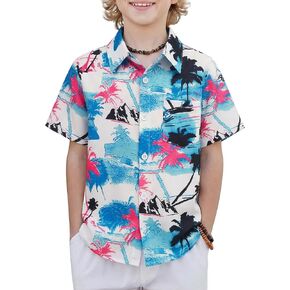 Boys Hawaiian Shirt Tropical Short Sleeve Button Down Shirt Summer Floral Beach Shirts with Pocket for 4-14 Years in Kuwait