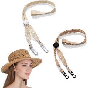 2PCS Adjustable Hat Strap Clips, Sun Hats Chin Strap, Adjustable Wide Lace Chin Cord for Boonie, Fishing-Hat, Beach-Hat, Windproof Keeper String for Golfing, Fishing, Boating, Sailing (Beige, Khaki) in Kuwait