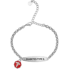Medical Alert ID Bracelet for Diabetes Type 1 or Type 2, Stainless Steel Rolo Chain, Silver with Red Charm, 6-8 Inch Length, Pre-engraved in Kuwait