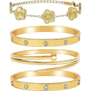 Stackable Gold Bracelets for Women - 4 Sets, 18K Gold Plated Bracelets, Stainless Steel Bangle Bracelets Non-Tarnish, Stylish Gold Jewelry Ensemble, Valentine's Day, Birthday and Christmas Jewelry Gifts in Saudi Arabia