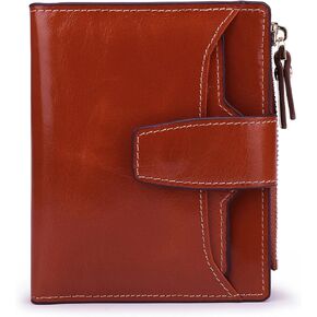 Women's RFID Blocking Genuine Leather Bifold Wallet with Zipper Pocket and ID Window Compact Card Case (Waxed Red) in Saudi Arabia