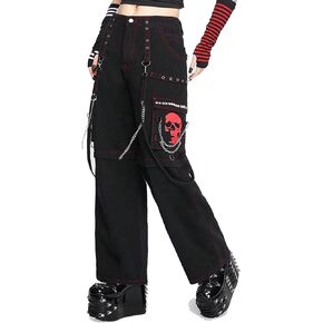 Hip Hop Skull Print Rivet Punk Grunge Goth Pants Heavy Industry Chain Functional Boyfriend Cargo Pants for Women in Saudi Arabia