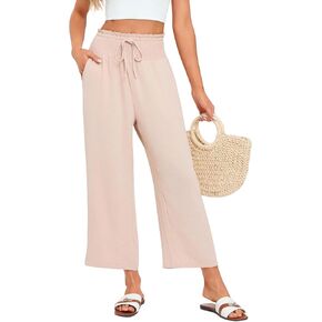 Wide Leg Palazzo Pants Woman Casual Smocked High Waisted Flowy Crop Summer Beach Vacation Trousers with Pockets in Saudi Arabia