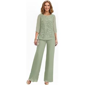 2 Pieces Mother of The Bride Pant Suits Chiffon Lace Appliques Scoop Neck Formal Wedding Guest Pantsuits WT034 in Saudi Arabia