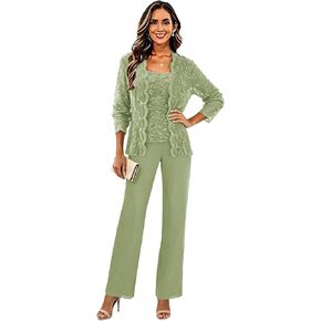 Lace Chiffon Mother of The Bride Pant Suits for Wedding Guest Outfit 3 Piece Formal Cocktail Pantsuit for Women Evening Party in Saudi Arabia
