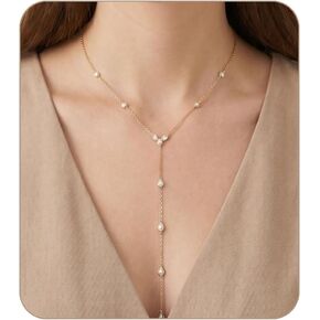 Gold Lariat Necklace - Waterproof Long Necklace for Women - Dainty 14K Gold Plated Drop Chain with Cubic Zirconia - Stainless Steel Prom Y Necklace Jewelry Gift in Saudi Arabia