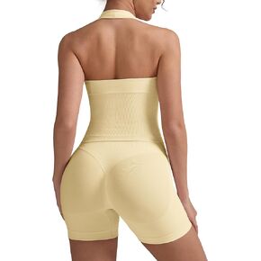 Workout Sets for Women 2 Piece Deep V Neck Halter Tank Top with Pads Matching High Waisted Scruch Butt Workout Shorts in Saudi Arabia