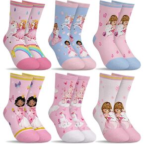 6 Pairs Kids Girls Socks Funny Cartoon Princess Castle White Pink Blue Breathable Crew Sock aged for 2-11Years in Saudi Arabia