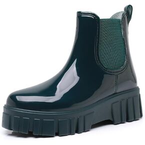Drecage Waterproof Womens Chelsea Rain Boots, Stylish Glossy Short Rubber Ankle Boots, Lightweight Chunky Platform Heel Garden Rain Shoes, Slip-On Non Slip Booties in Saudi Arabia