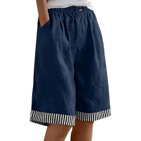 SHOPESSA Women Summer Linen Shorts Striped Patchwork Baggy Wide Leg Bermuda Shorts Loose Fit Knee Length Casual Beach Short in Saudi Arabia