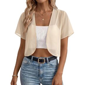 Women's Chiffon Bolero Shrug Short Sleeve Open Front Cropped Cardigan Summer Cover Up for Dress & Jeans in Kuwait