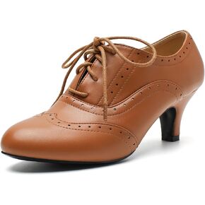 Women's Vintage Oxford Pumps - Round Toe Lace Up Wingtip Brogues with Stable Low Kitten Heel, Retro Victorian Dress Shoes for Work Office, Party, 1950s Cosplay in Kuwait