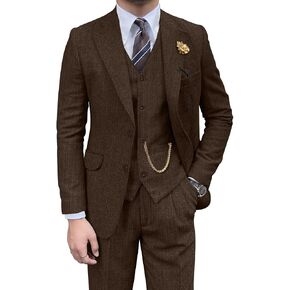 Retro Mens 3 Piece Suit Tweed Herringbone Slim Fit Suits Groomsmen Brown Tuxedos Set Prom Jacket Blazer Vest Pants for Men in Saudi Arabia