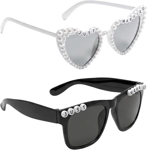 2 Pcs Bride and Groom Sunglasses, Just Married Sunglasses for Wedding Bachelorette Party Decorations Honeymoon Accessories (White and Black) in Kuwait