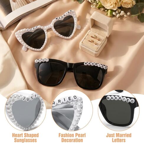 2 Pcs Bride and Groom Sunglasses, Just Married Sunglasses for Wedding Bachelorette Party Decorations Honeymoon Accessories (White and Black) in Kuwait