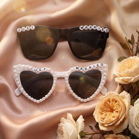 2 Pcs Bride and Groom Sunglasses, Just Married Sunglasses for Wedding Bachelorette Party Decorations Honeymoon Accessories (White and Black) in Kuwait