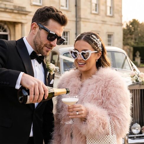 2 Pcs Bride and Groom Sunglasses, Just Married Sunglasses for Wedding Bachelorette Party Decorations Honeymoon Accessories (White and Black) in Kuwait