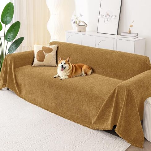 Smiry Couch Cover for Dogs, Washable Chenille Sofa Covers for 3 Cushion Couch, Soft Sofa Slipcover for Pets, Thick Sectional Furniture Protector with Tassels (Beige, 71x118 Inch) in Kuwait