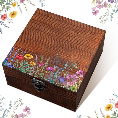 Gerrii Wildflower Wooden Keepsake Box Wedding Baby Shower Spring Flower Memory Storage Box with Buckle for Birthday Baby in Bloom Party(Wildflower Mix,Brown,11.02 x 8.86 x 4.92 Inches) in Kuwait