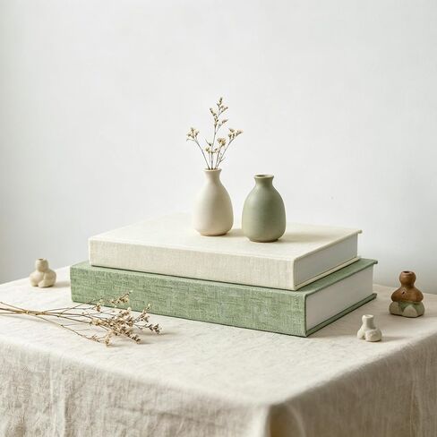 Decorative Books Set of 2 Linen Fabric Faux Storage Fake Book Boxes Coffee Table Books Decor Aesthetic for Home Office Entryway Bookshelf Mantel Decoration Photo Storage Box (Khaki and White) in Saudi Arabia
