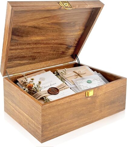 Acacia Wood Keepsake Memory Box with Hinged Lid, 11" x 8⅞" x 5" Large Treasure Chest Box, Wooden Decorative Storage Boxes with Golden Lock for Photos, Letters, Jewelry, Crafts in Saudi Arabia