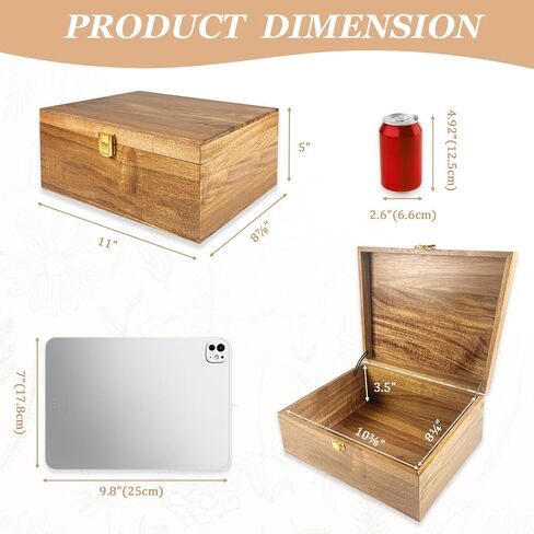Acacia Wood Keepsake Memory Box with Hinged Lid, 11" x 8⅞" x 5" Large Treasure Chest Box, Wooden Decorative Storage Boxes with Golden Lock for Photos, Letters, Jewelry, Crafts in Saudi Arabia