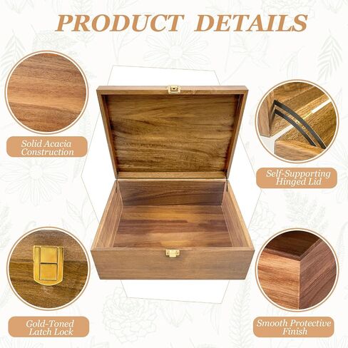 Acacia Wood Keepsake Memory Box with Hinged Lid, 11" x 8⅞" x 5" Large Treasure Chest Box, Wooden Decorative Storage Boxes with Golden Lock for Photos, Letters, Jewelry, Crafts in Saudi Arabia
