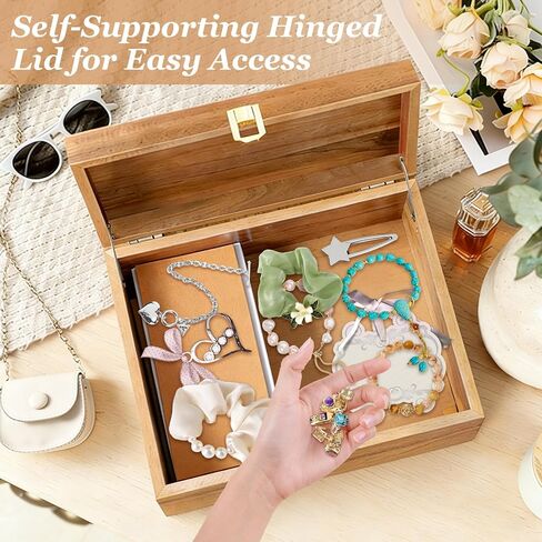 Acacia Wood Keepsake Memory Box with Hinged Lid, 11" x 8⅞" x 5" Large Treasure Chest Box, Wooden Decorative Storage Boxes with Golden Lock for Photos, Letters, Jewelry, Crafts in Saudi Arabia