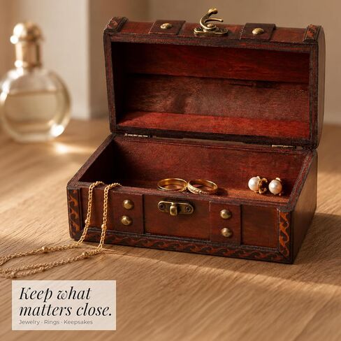 Mini Wooden Treasure Chest, Engineered Wood Pirate Chest Decorative Box for Jewelry, Coins, Small Collectibles and Keepsakes, Vintage Rustic Antique Style Storage Wood Chest (6.7 x 3.9 x 3.9 Inch) in Saudi Arabia