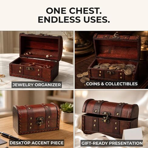 Mini Wooden Treasure Chest, Engineered Wood Pirate Chest Decorative Box for Jewelry, Coins, Small Collectibles and Keepsakes, Vintage Rustic Antique Style Storage Wood Chest (6.7 x 3.9 x 3.9 Inch) in Saudi Arabia