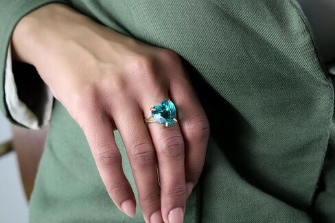 Blue Tourmaline Heart Ring - 14k Solid Gold Double Band Statement Ring - October Birthstone Heart Cut Semiprecious Gemstone Ring in Kuwait