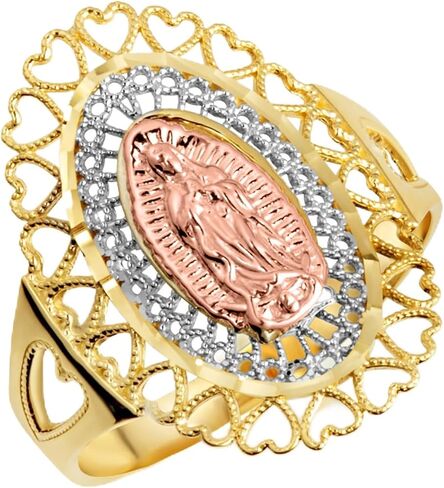 Claddagh Gold 10K &14K Tri Tone Lady Of Guadalupe Sacred Heart Oval Medallion Ring Available In Yellow/Rose/White with Multiple Ring Size in Kuwait