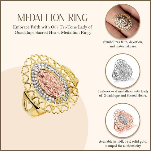Claddagh Gold 10K &14K Tri Tone Lady Of Guadalupe Sacred Heart Oval Medallion Ring Available In Yellow/Rose/White with Multiple Ring Size in Kuwait