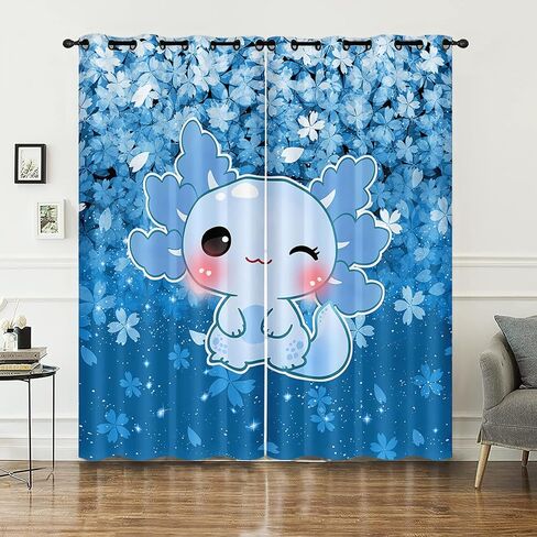 QOOMO Kawaii Axolotl Window Curtains for Kids Room 43W x 89L inch 2 Panels,Blue Cherry Window Drapes,Sparkling Stars Decorative Printed Curtains for Living Room Wall Decor Fabric in Saudi Arabia