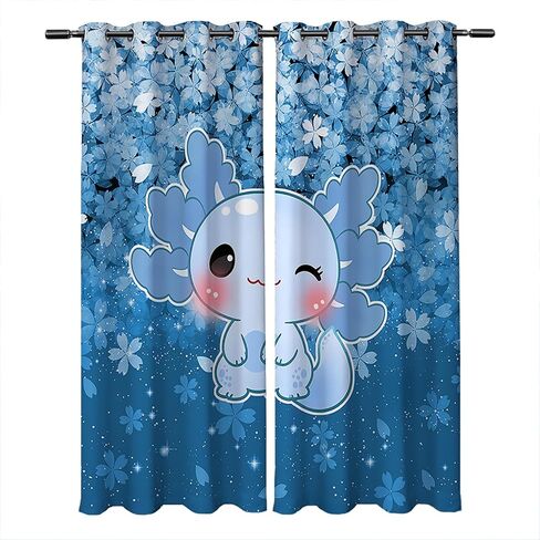 QOOMO Kawaii Axolotl Window Curtains for Kids Room 43W x 89L inch 2 Panels,Blue Cherry Window Drapes,Sparkling Stars Decorative Printed Curtains for Living Room Wall Decor Fabric in Saudi Arabia