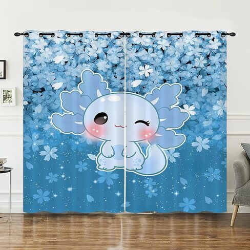 QOOMO Kawaii Axolotl Window Curtains for Kids Room 43W x 89L inch 2 Panels,Blue Cherry Window Drapes,Sparkling Stars Decorative Printed Curtains for Living Room Wall Decor Fabric in Saudi Arabia